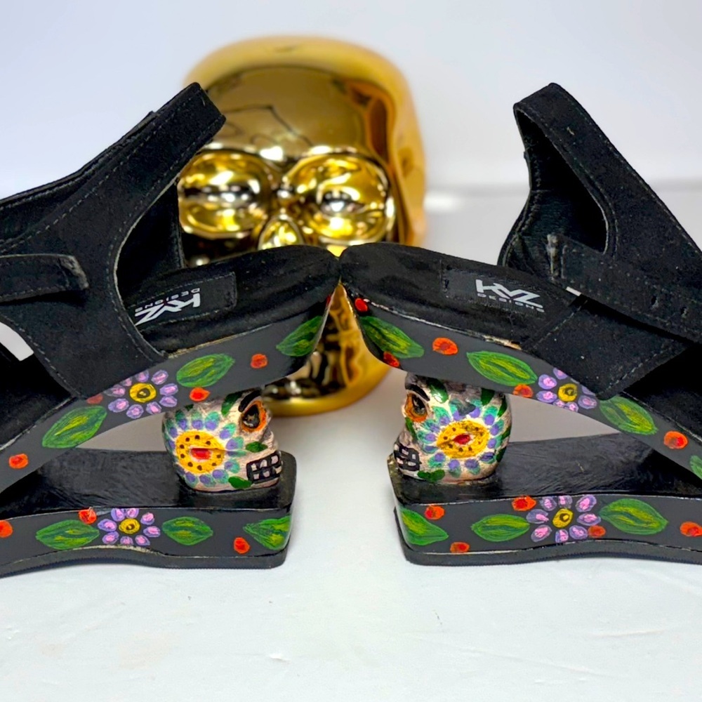 ONE OF A KIND Sugar Skull Mary Jane Handmade Wedge Platform Heel Punk Goth SZ7 - Picture 2 of 11